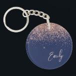 Navy Blue Rose Gold Blush Pink Glitter Monogram  Key Ring<br><div class="desc">Navy Blue and Rose Gold - Blush Pink Sparkle Glitter Script Monogram Name Keychain. This makes the perfect sweet 16 birthday,  wedding,  bridal shower,  anniversary,  baby shower or bachelorette party gift for someone that loves glam luxury and chic styles.</div>
