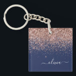 Navy Blue Rose Gold Blush Pink Glitter Monogram Key Ring<br><div class="desc">Navy Blue and Rose Gold Blush Pink Faux Foil Sparkle Glitter Script Monogram Name Keychain. This makes the perfect sweet 16 birthday,  wedding,  bridal shower,  anniversary,  baby shower or bachelorette party gift for someone that loves glam luxury and chic styles.</div>