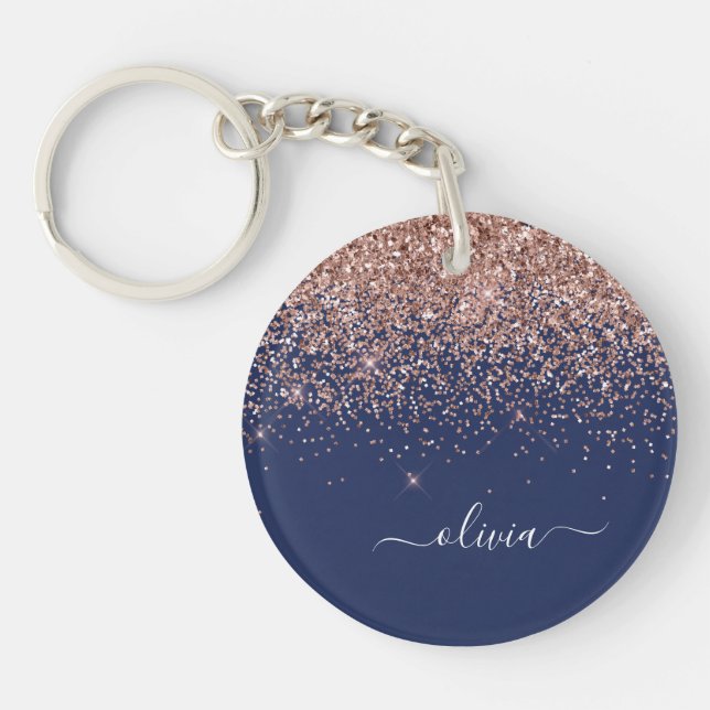 Navy Blue Rose Gold Blush Pink Glitter Monogram Key Ring (Front)