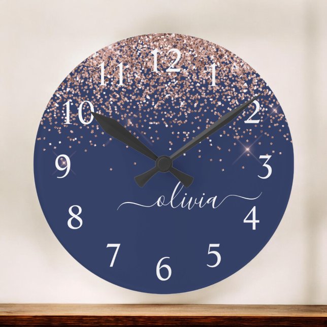 Navy Blue Rose Gold Blush Pink Glitter Monogram Large Clock (Creator Uploaded)