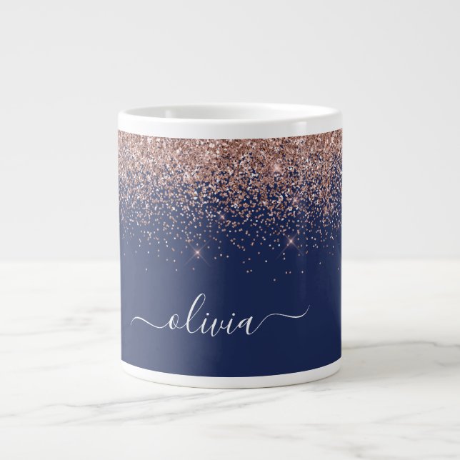 Navy Blue Rose Gold Blush Pink Glitter Monogram Large Coffee Mug (Front)