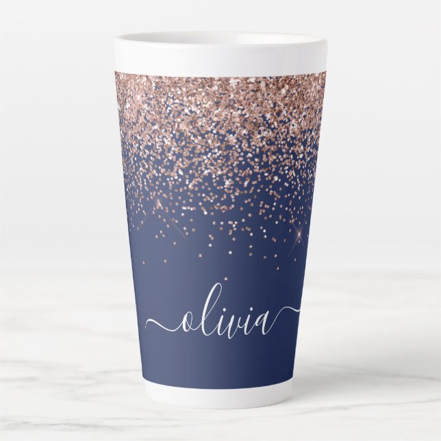 Navy Blue Rose Gold Blush Pink Glitter Monogram Latte Mug (Front)