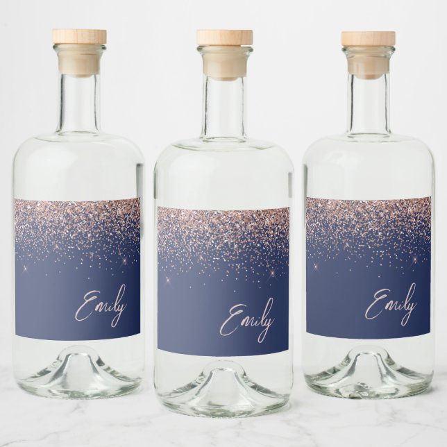 Navy Blue Rose Gold Blush Pink Glitter Monogram Liquor Bottle Label (Bottles)