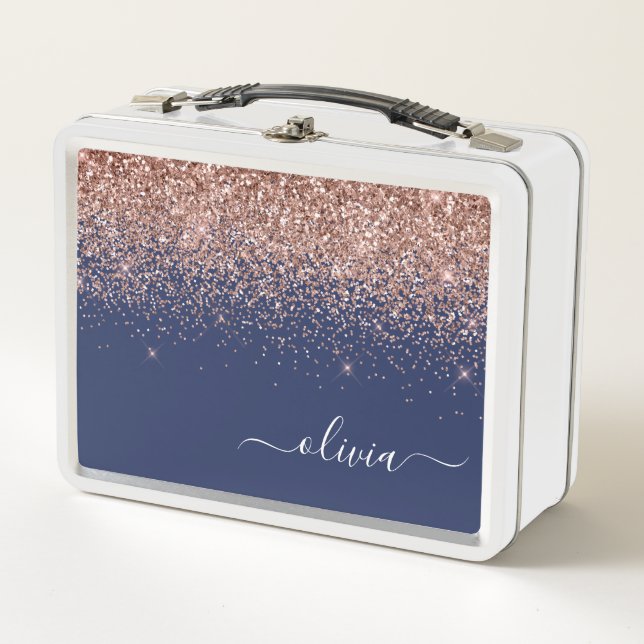 Navy Blue Rose Gold Blush Pink Glitter Monogram Metal Lunch Box (Front)