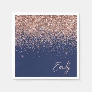 Navy Blue Rose Gold Blush Pink Glitter Monogram Napkin