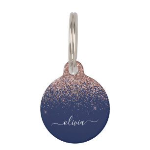 Navy Blue Rose Gold Blush Pink Glitter Monogram Pet Tag