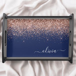 Navy Blue Rose Gold Blush Pink Glitter Monogram Serving Tray<br><div class="desc">Navy Blue and Rose Gold - Blush Pink Faux Sparkle Glitter Script Monogram Name Place Serving Tray. This makes the perfect graduation,  birthday,  wedding,  bridal shower,  anniversary,  baby shower or bachelorette party gift for someone that loves glam luxury and chic styles.</div>