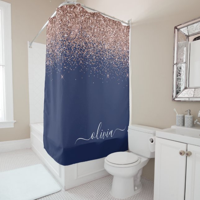 Navy Blue Rose Gold Blush Pink Glitter Monogram Shower Curtain (In Situ)