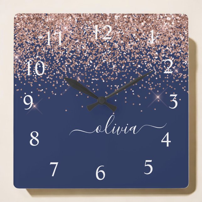 Navy Blue Rose Gold Blush Pink Glitter Monogram Square Wall Clock (Creator Uploaded)