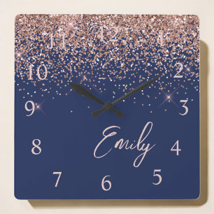Navy Blue Rose Gold Blush Pink Glitter Monogram Square Wall Clock