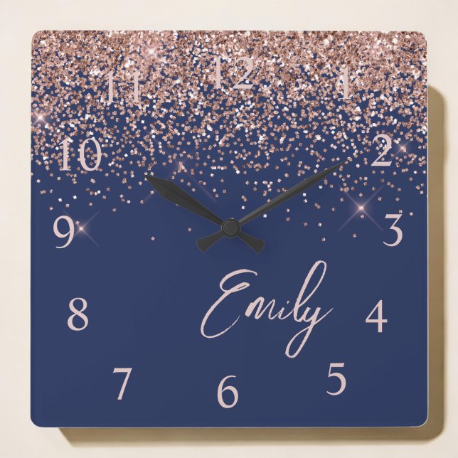 Navy Blue Rose Gold Blush Pink Glitter Monogram Square Wall Clock (Creator Uploaded)