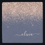 Navy Blue Rose Gold Blush Pink Glitter Monogram Stone Coaster<br><div class="desc">Navy Blue and Rose Gold - Blush Pink Sparkle Glitter Script Monogram Name Stone Tile. This makes the perfect graduation,  sweet 16 birthday,  wedding,  bridal shower,  anniversary,  baby shower or bachelorette party gift for someone that loves glam luxury and chic styles.</div>