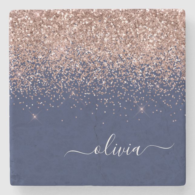 Navy Blue Rose Gold Blush Pink Glitter Monogram Stone Coaster (Front)