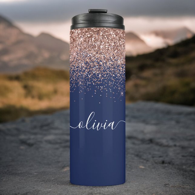 Navy Blue Rose Gold Blush Pink Glitter Monogram Thermal Tumbler (Creator Uploaded)