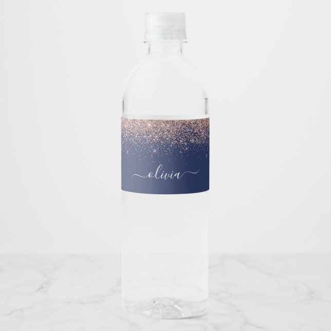 Navy Blue Rose Gold Blush Pink Glitter Monogram Water Bottle Label (Front)