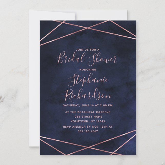 Navy Blue & Rose Gold Bridal Shower Invitation (Front)