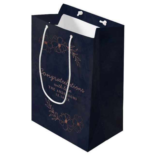 Navy Blue & Rose Gold Chic Congratulations Wedding Medium Gift Bag (Front Angled)
