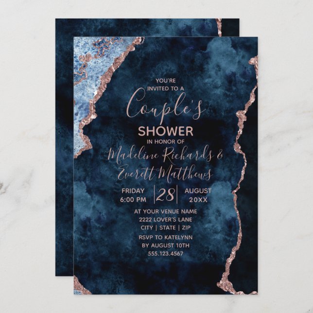 Navy Blue Rose Gold Chic Wedding Shower Invitation (Front/Back)