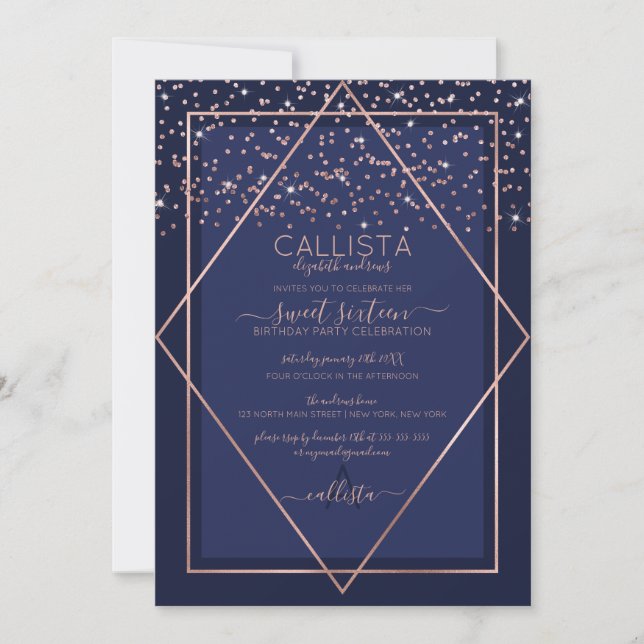 Navy Blue Rose Gold Confetti Border Sweet 16 Invitation (Front)