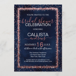 Navy Blue Rose Gold Confetti Bridal Shower Invitation