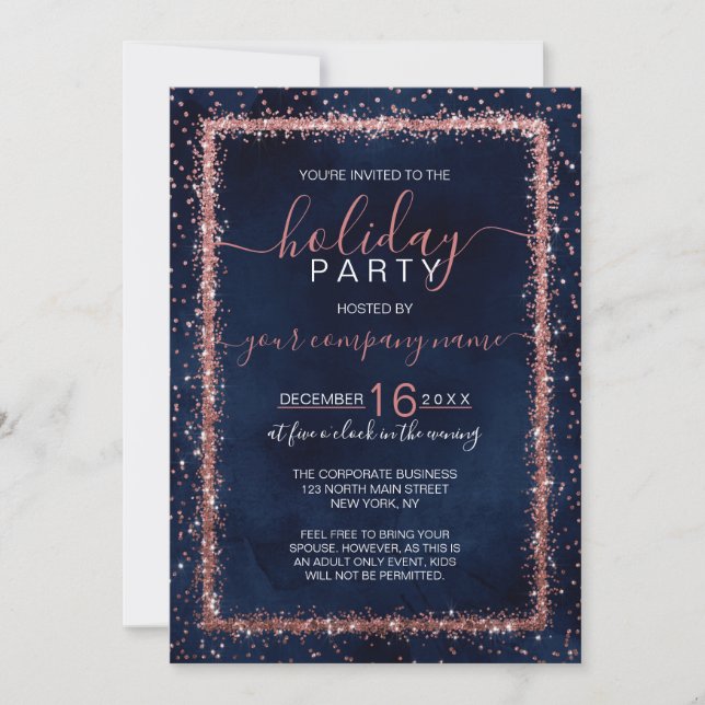 Navy Blue Rose Gold Confetti Corporate Holiday Invitation (Front)
