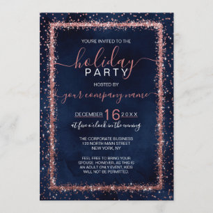 Navy Blue Rose Gold Confetti Corporate Holiday Invitation