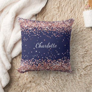 Navy blue rose gold confetti name cushion