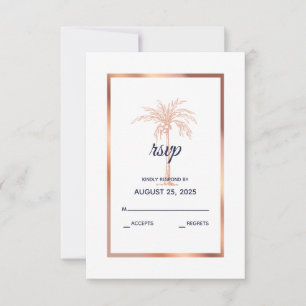 Navy Blue Rose Gold Copper Palm Tree Wedding RSVP Card