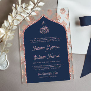 Navy Blue Rose Gold Damask Arch Muslim Wedding Acrylic Invitations