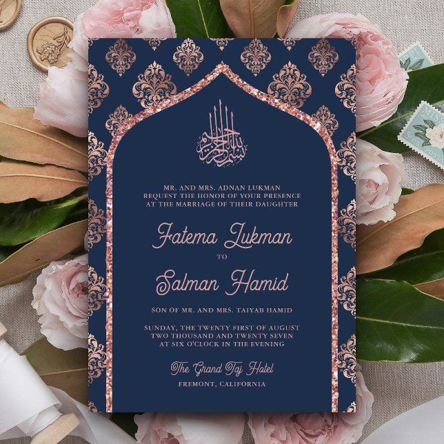 Navy Blue Rose Gold Damask Arch Muslim Wedding Invitation (Creator Uploaded)