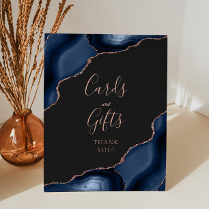 Navy Blue Rose Gold Dark Wedding Cards and Gifts Pedestal Sign
