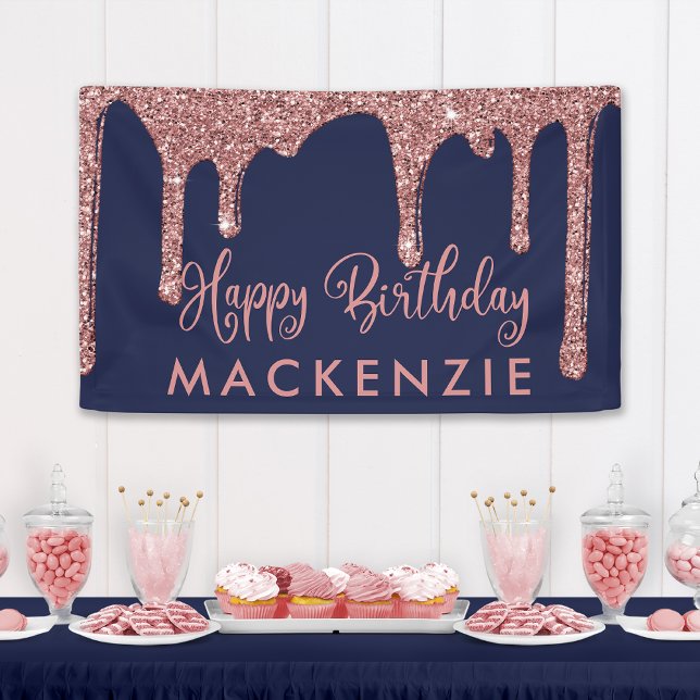Navy Blue Rose Gold Dripping Glitter Birthday Banner (Creator Uploaded)