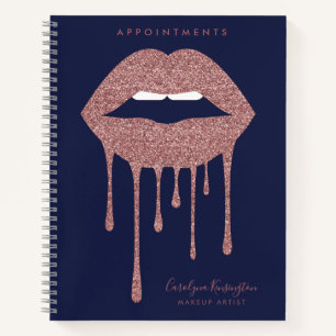 Navy Blue Rose Gold Dripping Glitter Lips Makeup Notebook