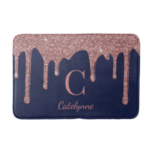 Navy Blue Rose Gold Dripping Glitter Monogram Bath Mat