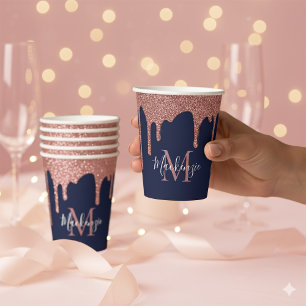 Navy Blue Rose Gold Dripping Glitter Monogram Paper Cups