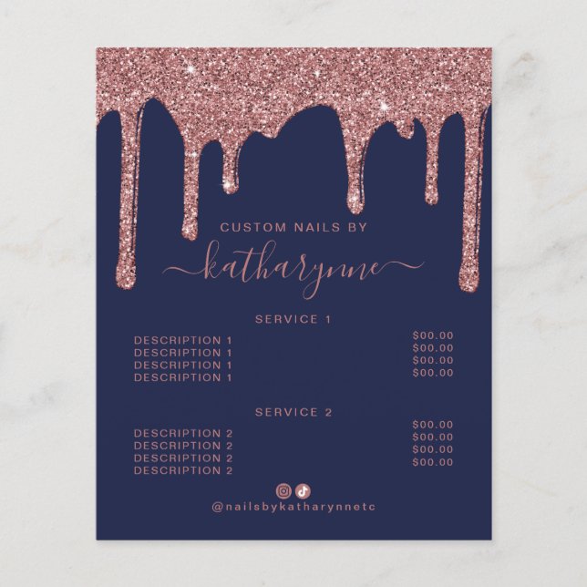 Navy Blue Rose Gold Dripping Glitter Price List Flyer (Front)