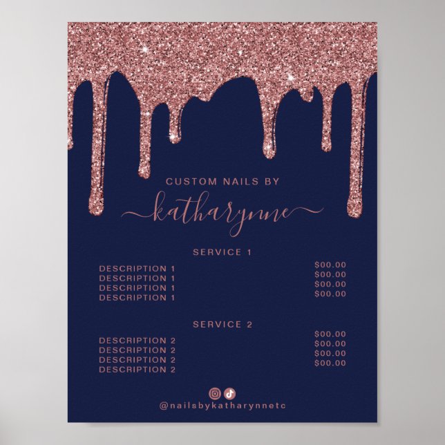 Navy Blue Rose Gold Dripping Glitter Price List Poster (Front)
