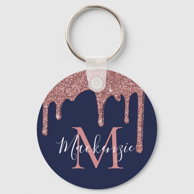 Navy Blue Rose Gold Faux Glitter Drips Monogram Key Ring (Front)