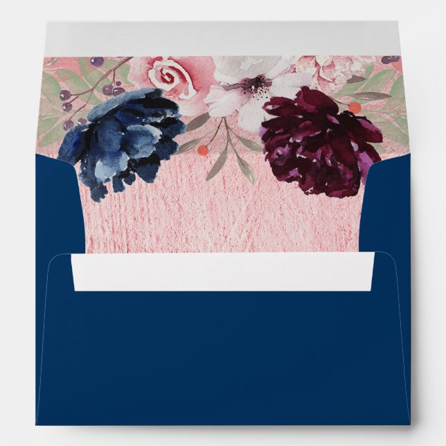 Navy Blue | Rose Gold Floral 5x7 Wedding Envelope (Back (Bottom))