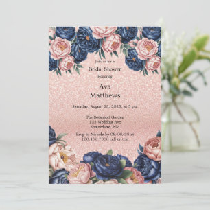 Navy Blue & Rose Gold Floral Bridal Shower Invitation