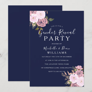 Navy Blue & Rose Gold Floral Gender Reveal Party Invitation