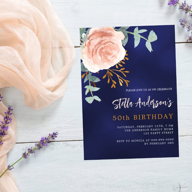 Navy blue rose gold floral greenery birthday invitation (Creator Uploaded)