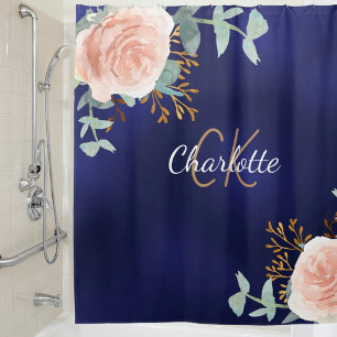 Navy blue rose gold floral greenery monogram name shower curtain