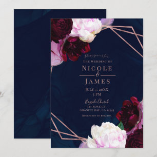 Navy Blue Rose Gold Floral Modern Glam Wedding Invitation