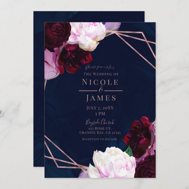 Navy Blue Rose Gold Floral Modern Glam Wedding Invitation (Front/Back)