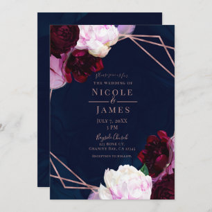 Navy Blue Rose Gold Floral Modern Glam Wedding Invitation
