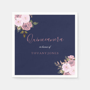 Navy Blue & Rose Gold Floral Quinceanera Party Napkin