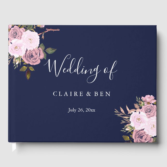 Navy Blue & Rose Gold Floral Wedding Guestbook (Front)