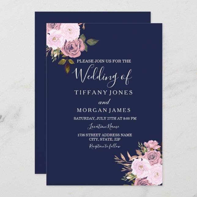 Navy Blue & Rose Gold Floral Wedding Invite (Front/Back)