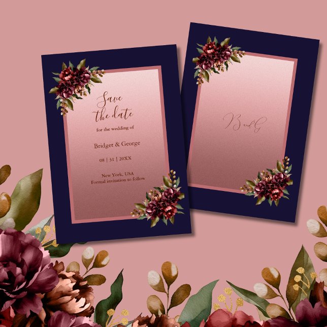 Navy Blue Rose Gold Floral wedding Save the Date Invitation (Creator Uploaded)
